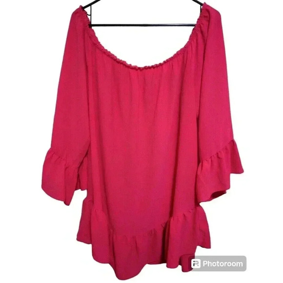 Wrangler Tops - Wrangler Peasant Top Ruffle Tunic Hot Pink Barbiecore Bell Sleeves Size XL